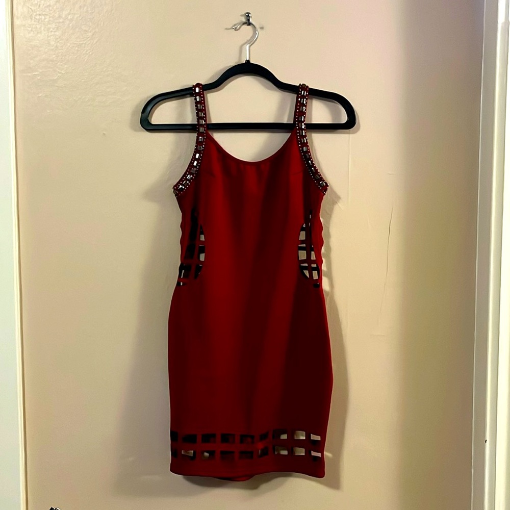 NWT Avec Unique Laser Cut Outs Brass Embellished Deep Wine Red Mini Dress S